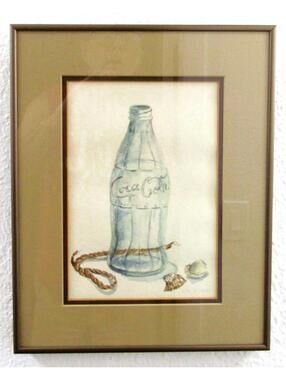 Vintage Mona Washburn Signed Framed Watercolor Painting of Coca-Cola Bottle